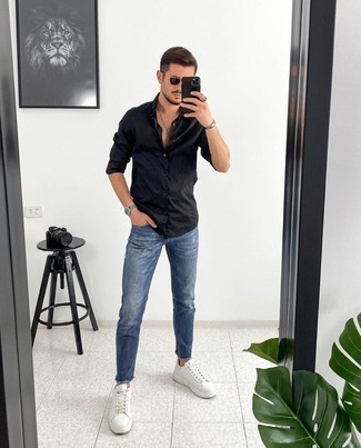 verlangen paars terugbetaling Black Shirt with Blue Jeans Relaxed Summer Outfits For Men (11 ideas &  outfits) | Lookastic