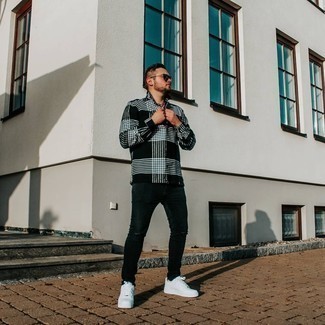 Men's Black and White Plaid Long Sleeve Shirt, Black Ripped Jeans, White Leather Low Top Sneakers, Black Sunglasses
