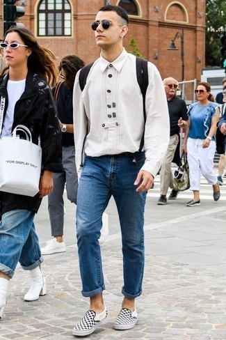 Men's White Long Sleeve Shirt, Blue Jeans, Black and White Check Canvas Slip-on Sneakers, Black Canvas Backpack
