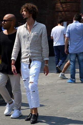 White Asymmetric Combo Rip Jeans