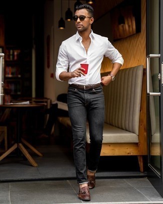 Dark Brown Leather Belt Outfits For Men: A white long sleeve shirt looks so nice when matched with a dark brown leather belt in a casual outfit. And if you want to instantly lift up your outfit with a pair of shoes, why not introduce dark brown leather tassel loafers to the equation?