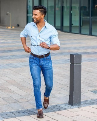 Blue Sunglasses Outfits For Men: This combination of a light blue long sleeve shirt and blue sunglasses embodies laid-back attitude and casual menswear style. A pair of dark brown leather tassel loafers instantly bumps up the classy factor of any look.