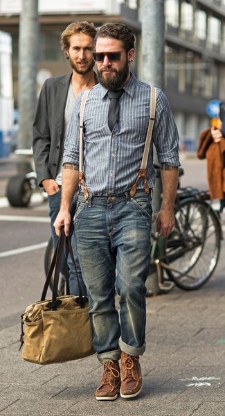 Men's Blue Vertical Striped Chambray Long Sleeve Shirt, Blue Jeans, Brown Leather Work Boots, Tan Canvas Tote Bag