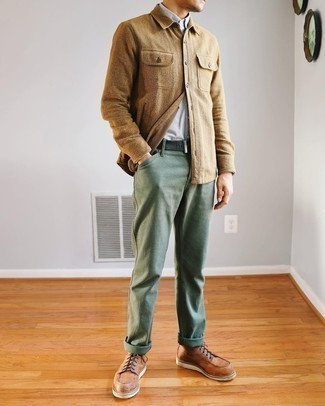 Teal Chinos Outfits: This combination of a grey long sleeve shirt and teal chinos is hard proof that a straightforward casual look doesn't have to be boring. For something more on the dressier side to complement your getup, introduce brown leather casual boots to the equation.