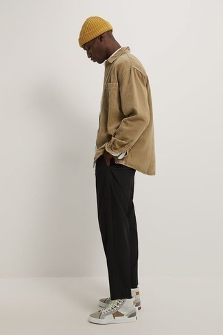 Tan Long Sleeve Shirt Outfits For Men: A tan long sleeve shirt and a tan long sleeve shirt are amazing menswear essentials that will integrate well within your day-to-day off-duty collection. For something more on the cool and laid-back side to complete this look, introduce a pair of white leather high top sneakers to the mix.
