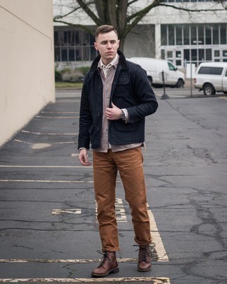 Men's Grey Vertical Striped Long Sleeve Shirt, White Long Sleeve Shirt, Tobacco Chinos, Dark Brown Leather Casual Boots