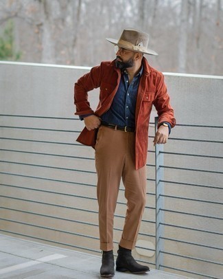 Orange Corduroy Long Sleeve Shirt Outfits For Men: An orange corduroy long sleeve shirt and an orange corduroy long sleeve shirt are a pairing that every modern man should have in his wardrobe. Puzzled as to how to finish off this ensemble? Rock black suede chelsea boots to bump up the fashion factor.