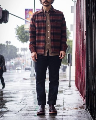 Men's Brown Horizontal Striped Flannel Long Sleeve Shirt, Tan Long Sleeve Shirt, Navy Jeans, Dark Brown Leather Chelsea Boots