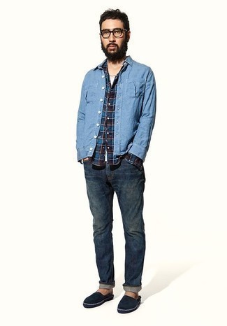 Black Canvas Espadrilles Outfits For Men: In situations comfort is everything, this combination of a blue plaid long sleeve shirt and navy jeans is a winner. Add black canvas espadrilles to the mix et voila, the getup is complete.