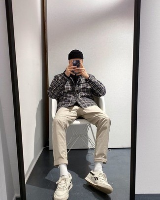 Men's Black and White Plaid Long Sleeve Shirt, Black Long Sleeve T-Shirt, Beige Chinos, Beige Leather Low Top Sneakers