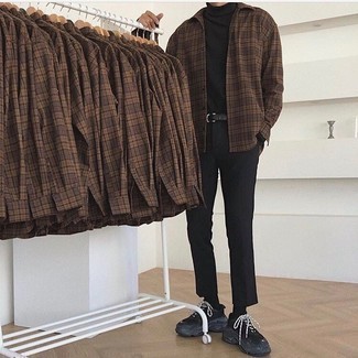 Brown Plaid Long Sleeve Shirt Outfits For Men: For a never-failing casual option, you can never go wrong with this pairing of a brown plaid long sleeve shirt and black chinos. A pair of black athletic shoes instantly boosts the wow factor of your look.