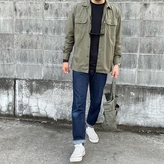 Men's Olive Long Sleeve Shirt, Black Long Sleeve T-Shirt, Navy Jeans, White Canvas Low Top Sneakers
