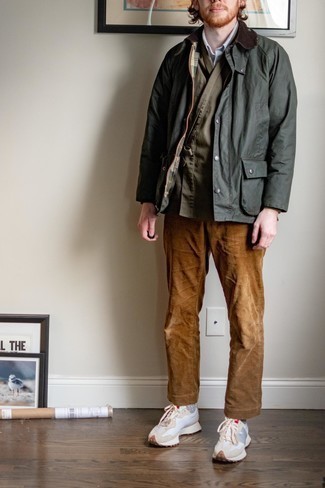 Olive Open Cardigan Outfits For Men: 