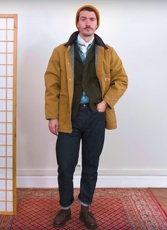Olive Shawl Cardigan with Jeans Outfits For Men: 