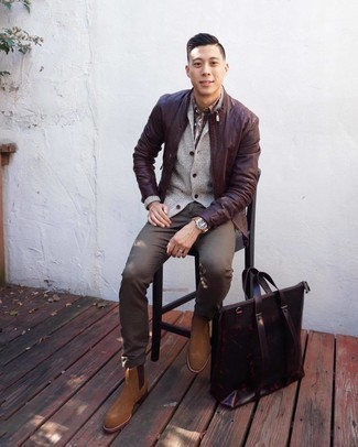 Burgundy Leather Tote Bag Outfits For Men In Their 20s: 
