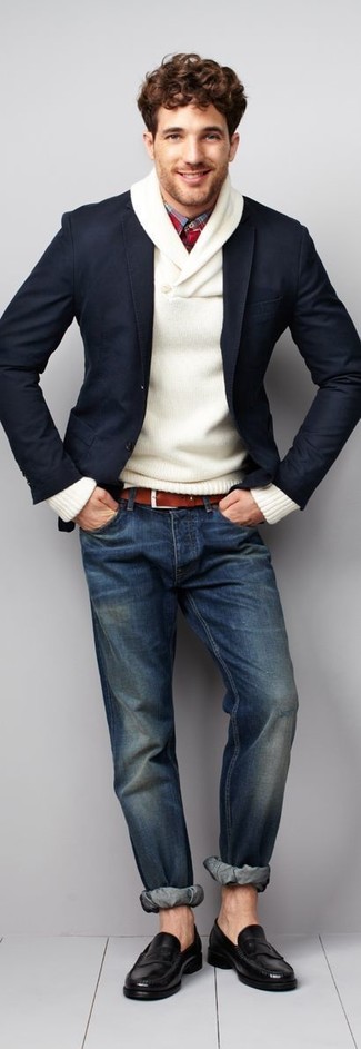 Men's Navy Jeans, Red Plaid Long Sleeve Shirt, White Shawl-Neck Sweater, Navy Blazer