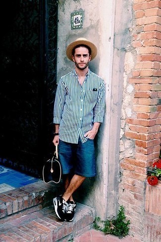 Beige Straw Hat Outfits For Men: No matter where the day takes you, you can always rely on this off-duty combo of a white and blue vertical striped long sleeve shirt and a beige straw hat. Feeling inventive today? Shake things up by slipping into black and white athletic shoes.