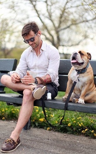 Men's White Check Long Sleeve Shirt, Charcoal Shorts, Dark Brown Leather Boat Shoes, Dark Brown Sunglasses