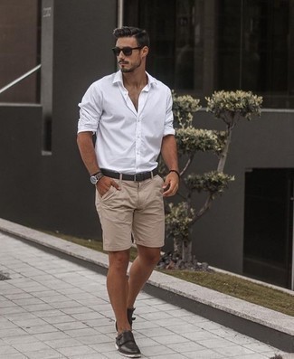 Men's White Long Sleeve Shirt, Tan Shorts, Dark Brown Leather Double Monks, Charcoal Leather Belt