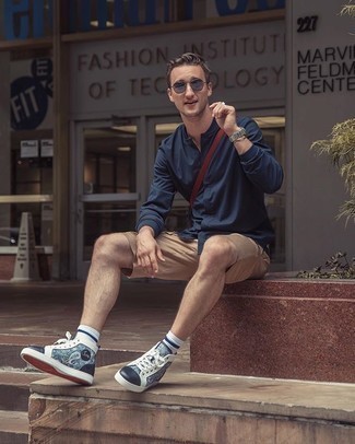 Blue Print Canvas High Top Sneakers Outfits For Men: A navy long sleeve shirt and tan shorts are the ideal way to infuse effortless cool into your casual wardrobe. Make your outfit more current by finishing off with a pair of blue print canvas high top sneakers.