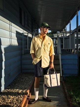Teal Baseball Cap Outfits For Men: Remain stylish and comfortable on busy days in a mustard long sleeve shirt and a teal baseball cap. You could perhaps get a bit experimental in the footwear department and introduce a pair of dark brown leather loafers to the equation.