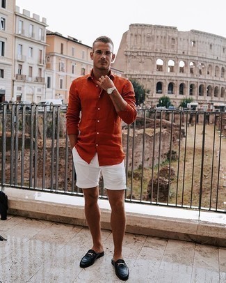 Orange Long Sleeve Shirt Outfits For Men: An orange long sleeve shirt and white shorts will convey this relaxed and dapper vibe. If you want to easily perk up your look with one piece, complete your ensemble with navy leather loafers.