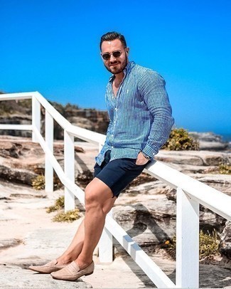White Vertical Striped Long Sleeve Shirt Outfits For Men: This combo of a white vertical striped long sleeve shirt and navy shorts is very versatile and really apt for whatever's on your errand list today. To introduce a little depth to your outfit, add beige suede loafers to the equation.