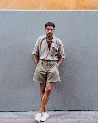 Beige Shorts Outfits For Men: If it's comfort and functionality that you're looking for in an outfit, try teaming a beige long sleeve shirt with beige shorts. Introduce white canvas low top sneakers to the mix and you're all set looking smashing.