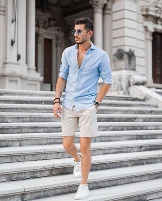 Men's Light Blue Long Sleeve Shirt, Beige Shorts, White Leather Low Top Sneakers, Blue Sunglasses