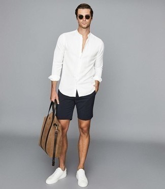 Men's White Long Sleeve Shirt, Black Shorts, White Canvas Low Top Sneakers, Tan Suede Tote Bag