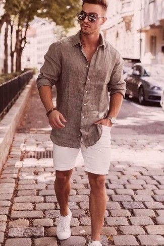 Beige Linen Long Sleeve Shirt Outfits For Men: Why not try teaming a beige linen long sleeve shirt with white denim shorts? As well as very comfortable, these two pieces look good when paired together. A pair of white canvas low top sneakers finishes this look quite well.