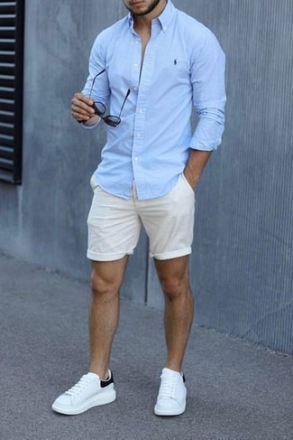 Men's Light Blue Long Sleeve Shirt, White Shorts, White Leather Low Top ...