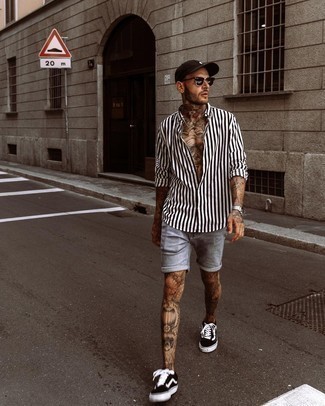 Men's White and Black Vertical Striped Long Sleeve Shirt, Grey Denim Shorts, Black and White Canvas Low Top Sneakers, Dark Brown Baseball Cap