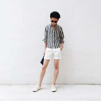 Men's White and Navy Vertical Striped Long Sleeve Shirt, White Shorts, White Canvas Low Top Sneakers, Black Leather Zip Pouch