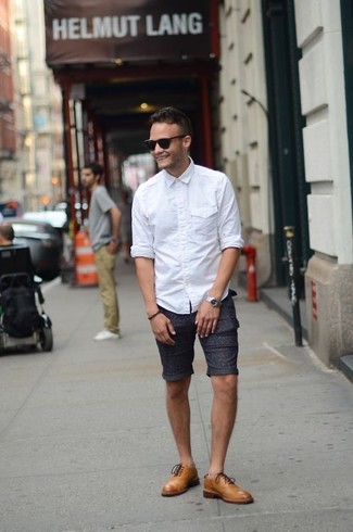 Charcoal Shorts Outfits For Men: If you gravitate towards laid-back combos, why not pair a white long sleeve shirt with charcoal shorts? Finish off your look with tan leather oxford shoes to serve a little mix-and-match magic.