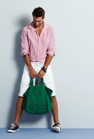 Men's White and Pink Vertical Striped Long Sleeve Shirt, White Shorts, Navy Plimsolls, Dark Green Canvas Tote Bag