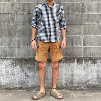 Men's White and Black Gingham Long Sleeve Shirt, Tan Shorts, Tan Suede Sandals, Silver Watch