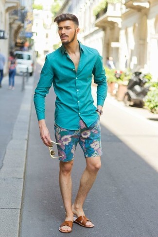Brown Leather Sandals Outfits For Men: If it's comfort and functionality that you appreciate in an ensemble, wear a teal long sleeve shirt with teal floral shorts. If you wish to immediately dress down your look with a pair of shoes, why not complete your ensemble with brown leather sandals?