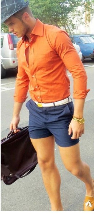 Men's Orange Long Sleeve Shirt, Navy Shorts, Tan Leather Tassel Loafers, Burgundy Leather Briefcase