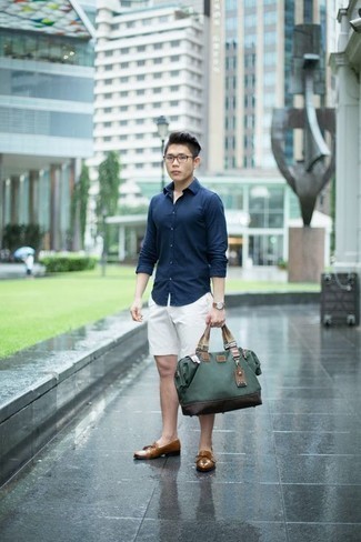 Men's Navy Long Sleeve Shirt, White Shorts, Tan Leather Tassel Loafers, Dark Green Canvas Tote Bag