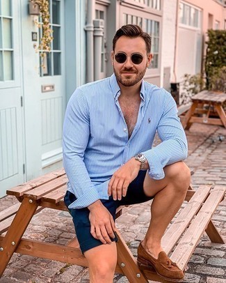 White Vertical Striped Long Sleeve Shirt Outfits For Men: Try teaming a white vertical striped long sleeve shirt with navy shorts for a straightforward look that's also put together. Give a different twist to an otherwise utilitarian ensemble by finishing with brown suede tassel loafers.