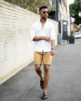 Men's White Long Sleeve Shirt, Tan Shorts, Dark Brown Leather Tassel ...