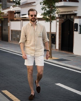 Beige Linen Long Sleeve Shirt Outfits For Men: Pair a beige linen long sleeve shirt with white shorts if you seek to look cool and casual without exerting much effort. Balance this look with a more elegant kind of footwear, like this pair of dark brown suede tassel loafers.