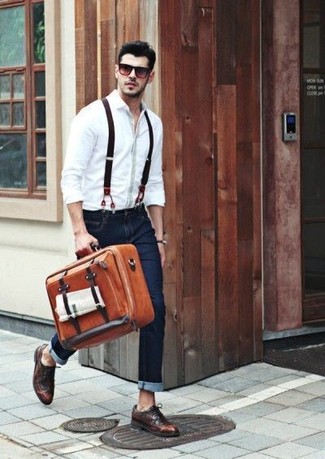 Dark Brown Suspenders Outfits: Pair a white long sleeve shirt with dark brown suspenders to create an interesting and casual outfit. Introduce dark brown leather brogues to the equation to take things up a notch.