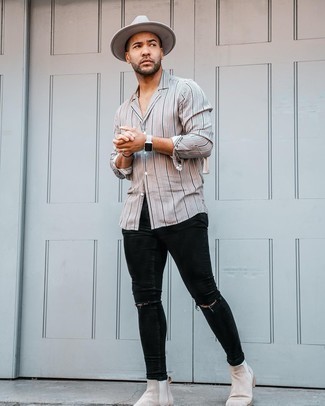 White Leather Watch Outfits For Men: If you're looking for a casual street style but also seriously stylish ensemble, reach for a beige vertical striped long sleeve shirt and a white leather watch. Complete your ensemble with a pair of beige suede chelsea boots for an extra touch of sophistication.