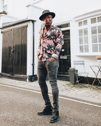 Grey Ripped Jeans Outfits For Men: This pairing of a black floral long sleeve shirt and grey ripped jeans provides comfort and functionality and helps keep it low-key yet trendy. Why not complete this look with black leather derby shoes for an added touch of style?