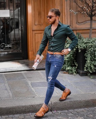 Men's Dark Green Long Sleeve Shirt, Blue Ripped Skinny Jeans, Tobacco Leather Double Monks, Tobacco Leather Belt