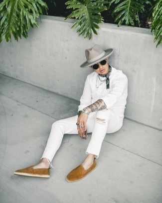 Grey Straw Hat Outfits For Men: Consider wearing a white long sleeve shirt and a grey straw hat for an easy-going look. Let your outfit coordination chops truly shine by finishing off your getup with a pair of tobacco suede espadrilles.