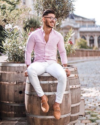 Men's White and Red Vertical Striped Long Sleeve Shirt, White Skinny Jeans, Tan Suede Loafers, Clear Sunglasses
