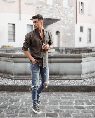 Men's Olive Long Sleeve Shirt, Blue Ripped Skinny Jeans, Olive Canvas Low Top Sneakers, Dark Brown Leather Watch